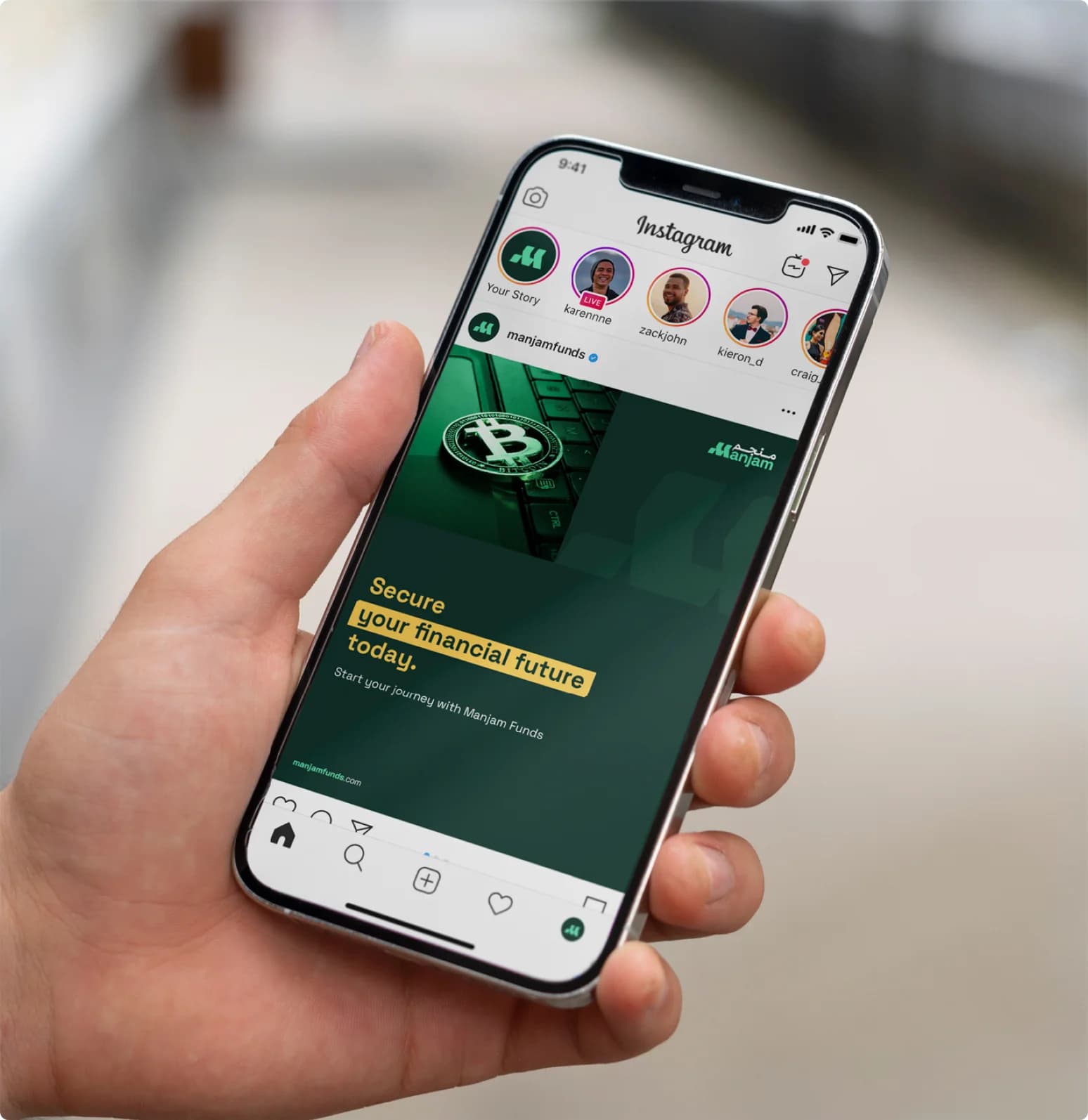 Manjam digital deliverable - Instagram post on smartphone showing Manjam Funds branding